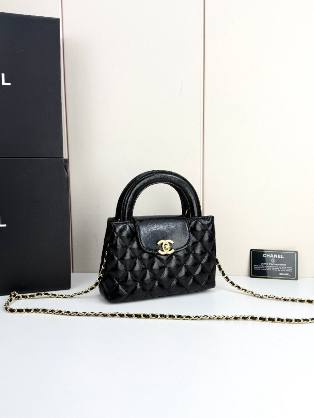 Chanel Black Shiny Lambskin Quilted Mini Top Handle Chain Tote Bag